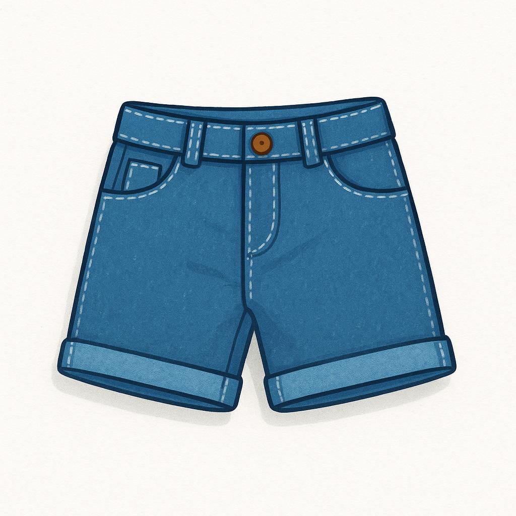 Uma ilustração simples e colorida de alta qualidade de um par simples de shorts jeans azuis, dobrados ordenadamente e deitados, representando a peça de vestuário.