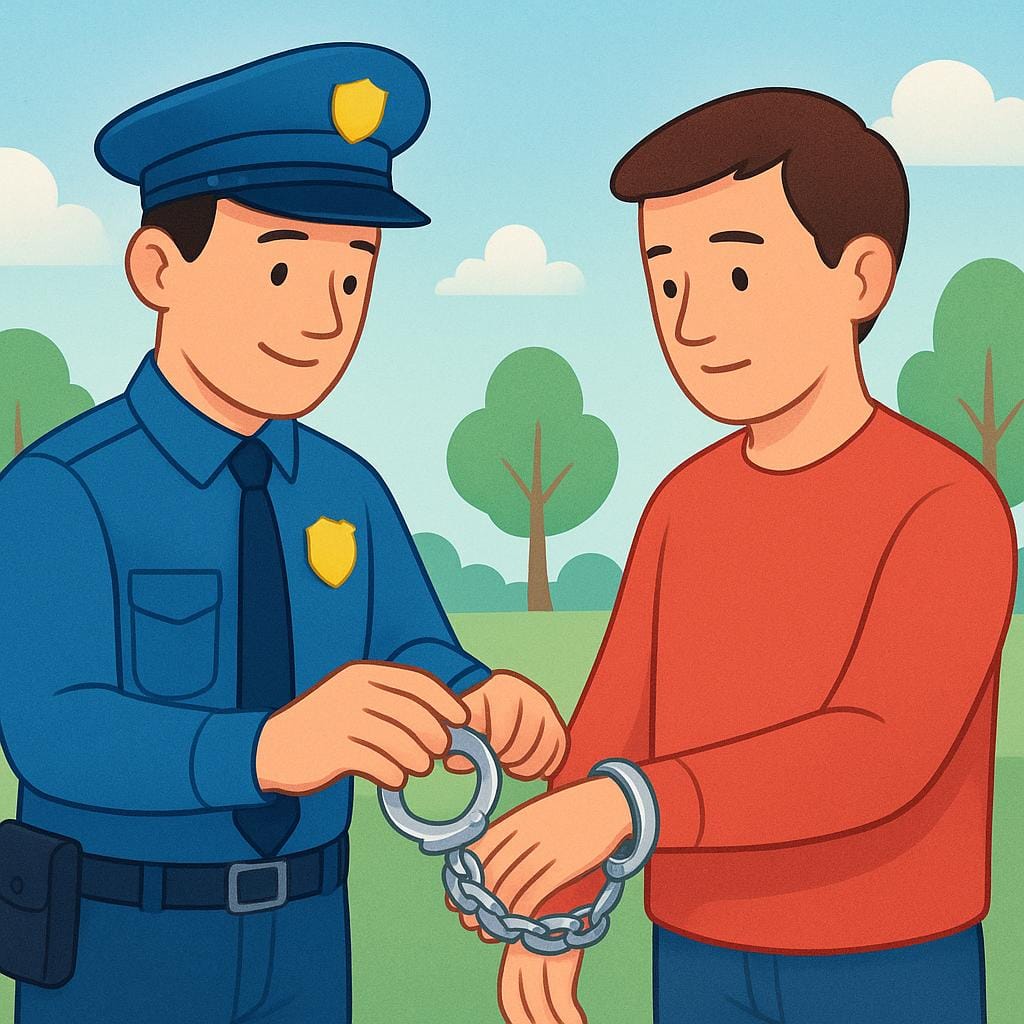 A simple drawing of a police officer in uniform gently applying handcuffs to the wrist of a civilian.