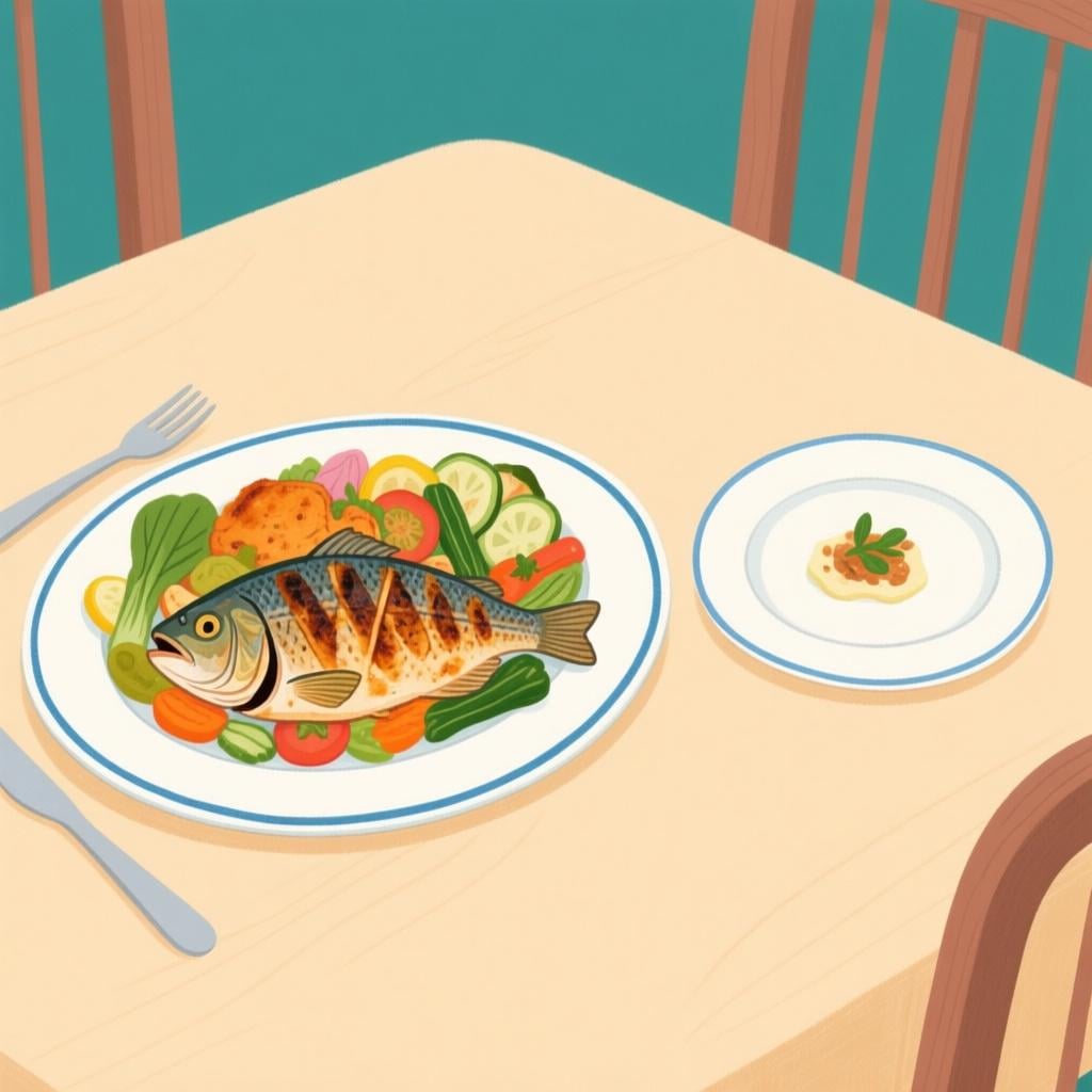 A large, colorful plate holding a substantial main course of grilled chicken and potatoes, placed next to a smaller, finished plate from a light starter.