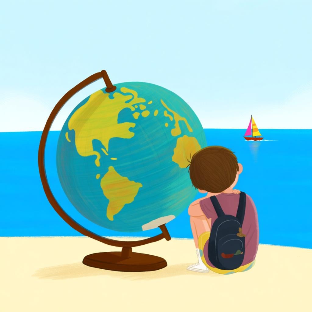 A reflective young person sitting next to a large spinning globe, looking wistfully toward a distant horizon where a small, colorful sailboat is leaving, symbolizing a past opportunity that was missed.
