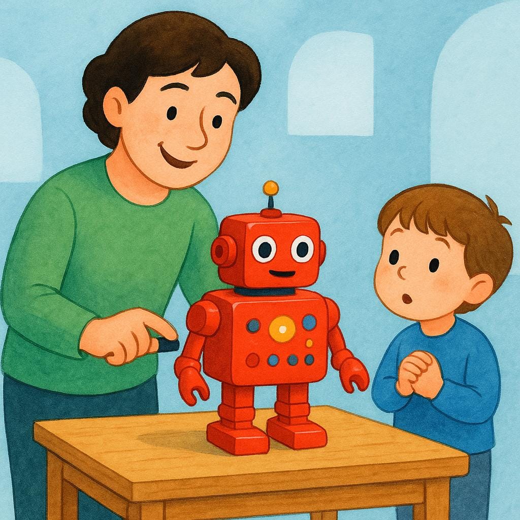 A friendly person standing behind a table, actively showing a simple, functional red toy robot to an interested onlooker.