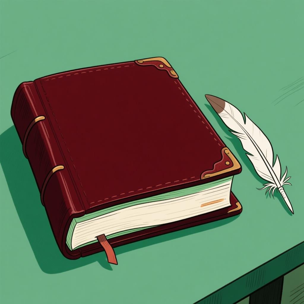 A very thick, official-looking, dark leather-bound ledger or account book, slightly open on a desk, next to an old-fashioned quill.