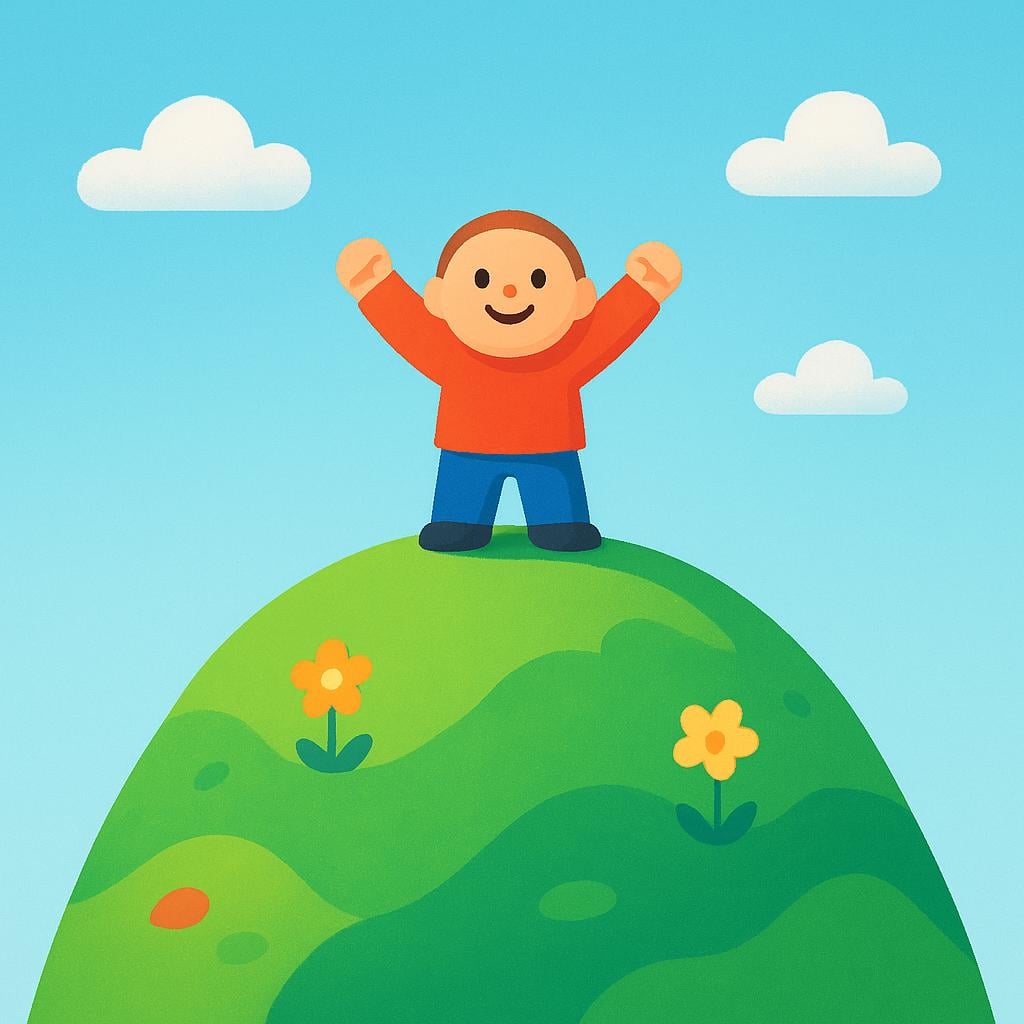 A small, cheerful cartoon figure standing victoriously on the top of a brightly colored hill, raising both arms in the air.