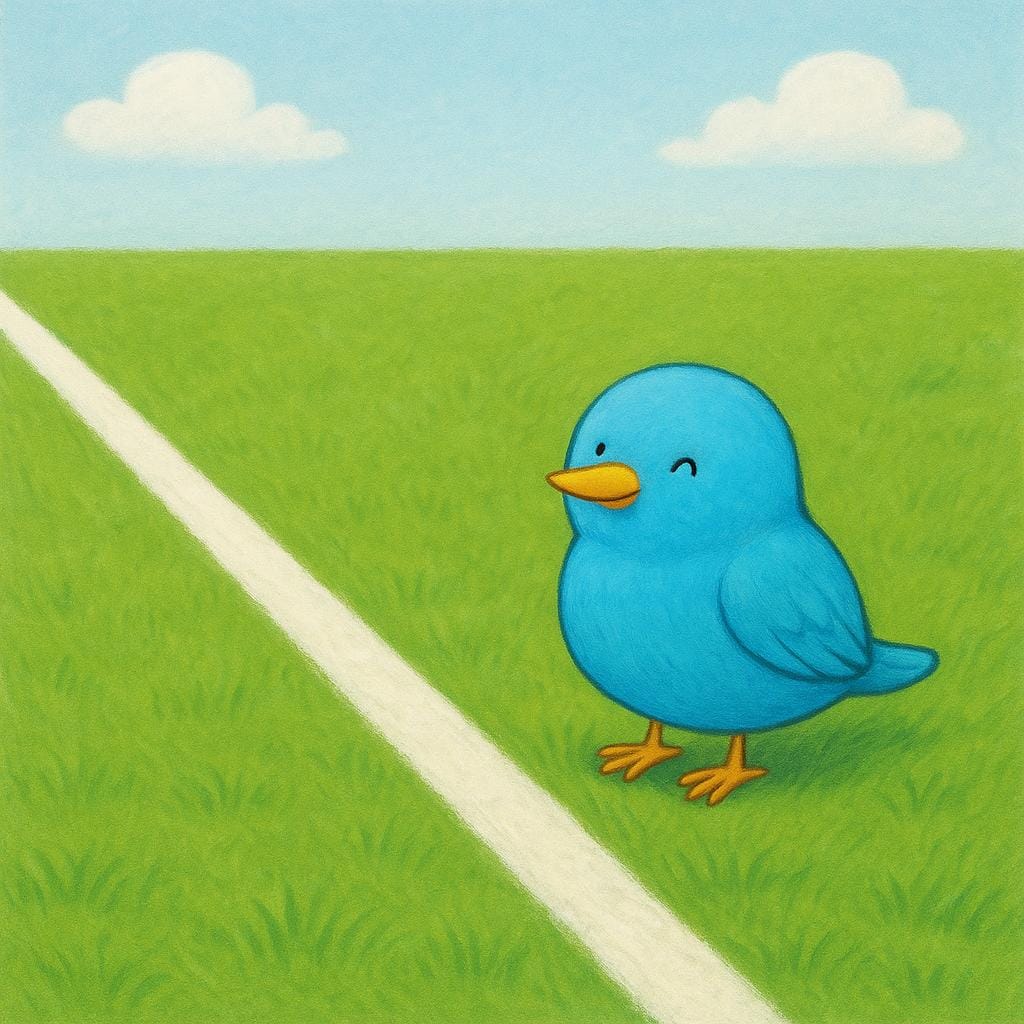 A small blue bird sitting on a brightly colored lawn, clearly constrained by a crisp white painted line, symbolizing rules or boundaries.