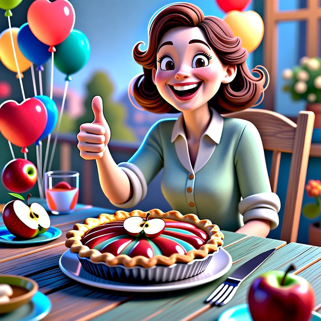 A woman smiling and giving a thumbs-up to a perfectly baked apple pie on a kitchen counter.