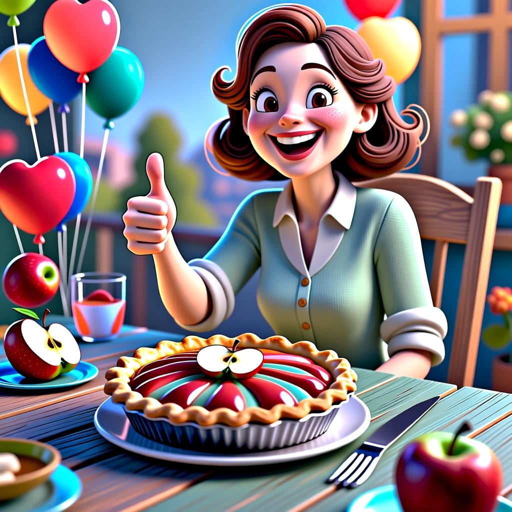 A woman smiling and giving a thumbs-up to a perfectly baked apple pie on a kitchen counter.