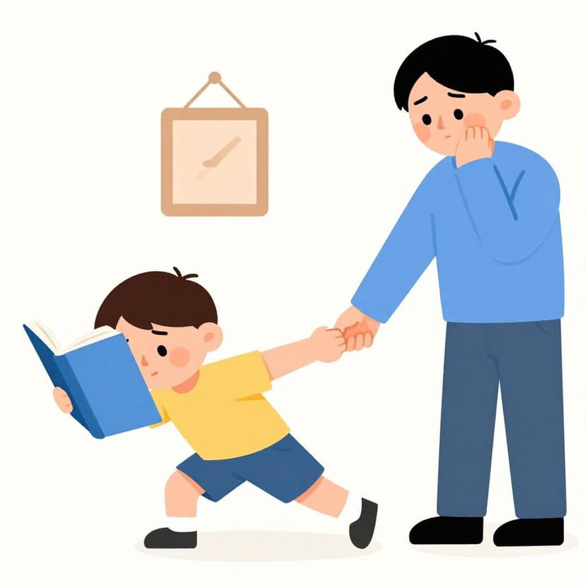 Een klein kind trekt herhaaldelijk aan de mouw van een vermoeid ogende volwassene die op een bank zit.