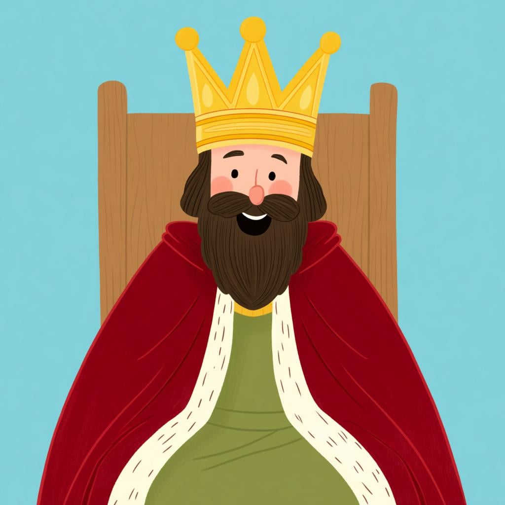 A man wearing a golden crown and a regal red cloak, sitting on a simple throne, representing a monarch.
