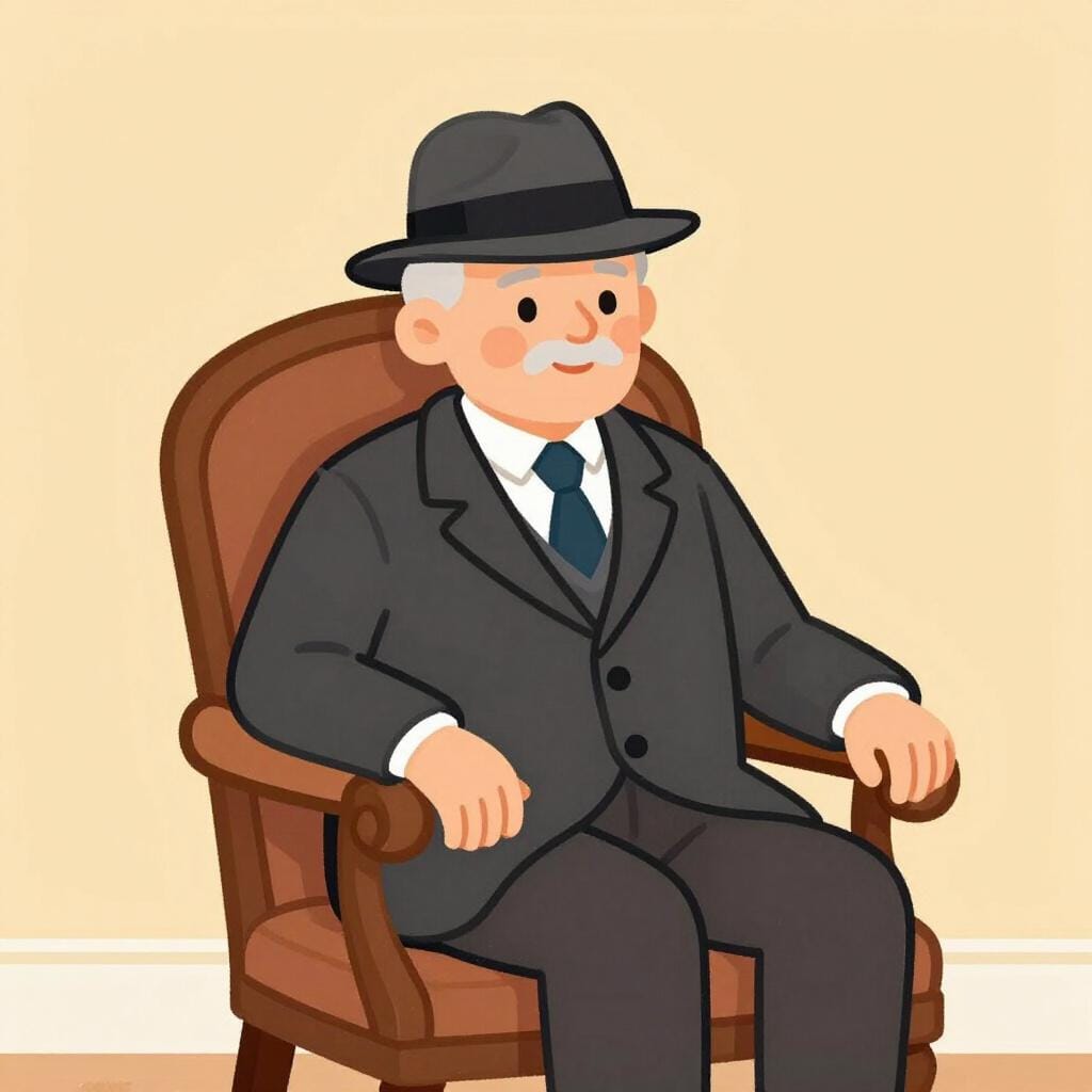 An elderly person wearing a traditional suit and a classic hat, sitting in a vintage wooden chair.