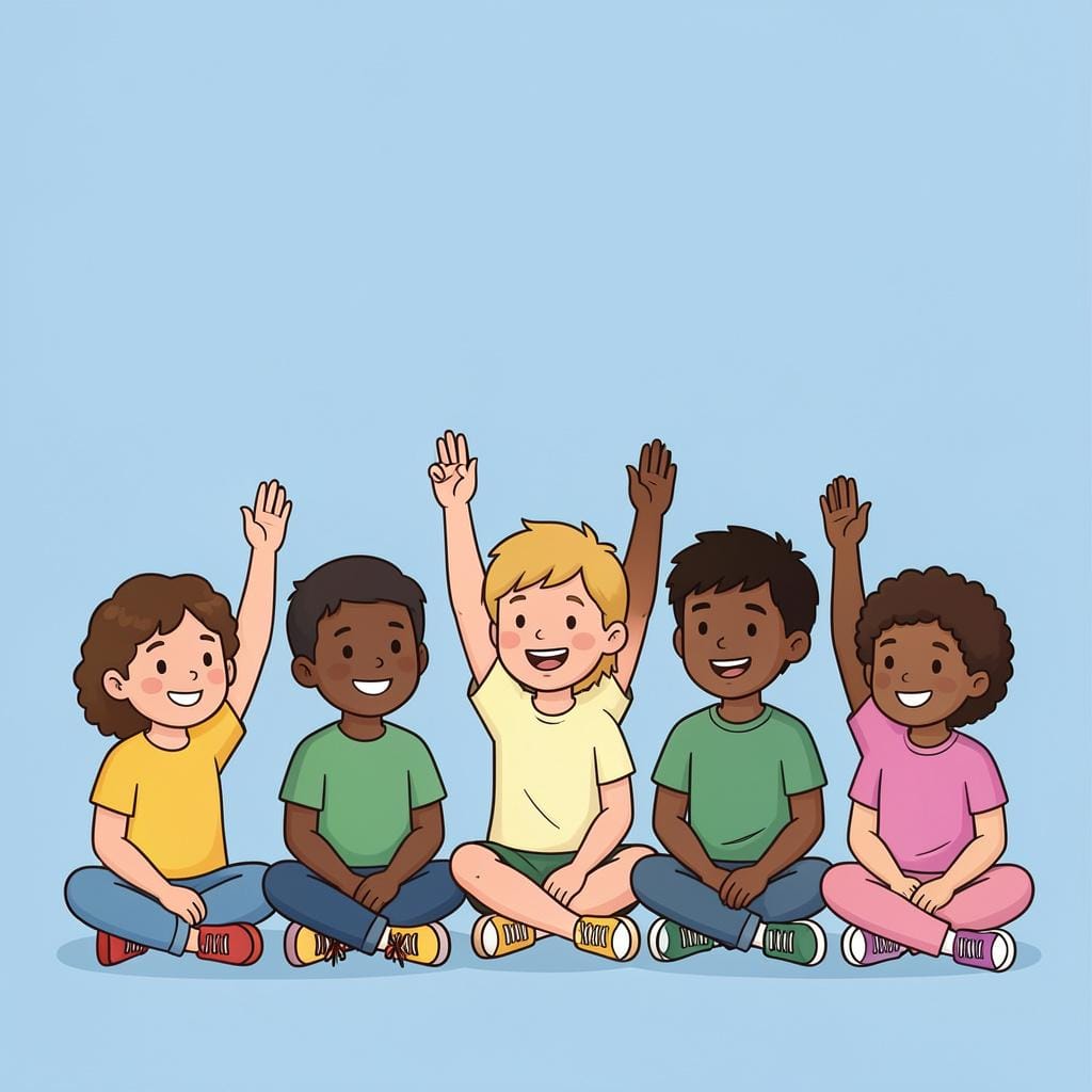 A group of happy children raising their hands high in a classroom setting.