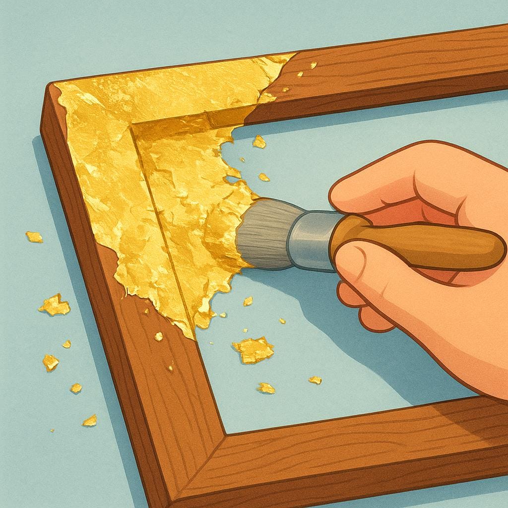 Eine Nahaufnahme eines einfachen hölzernen Bilderrahmen, der mit dünnem, glänzendem Blattgold verziert wird.