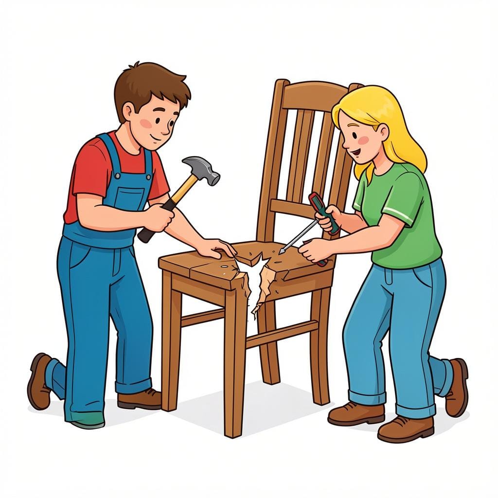 Due persone che lavorano insieme per riparare una sedia di legno rotta con degli attrezzi.