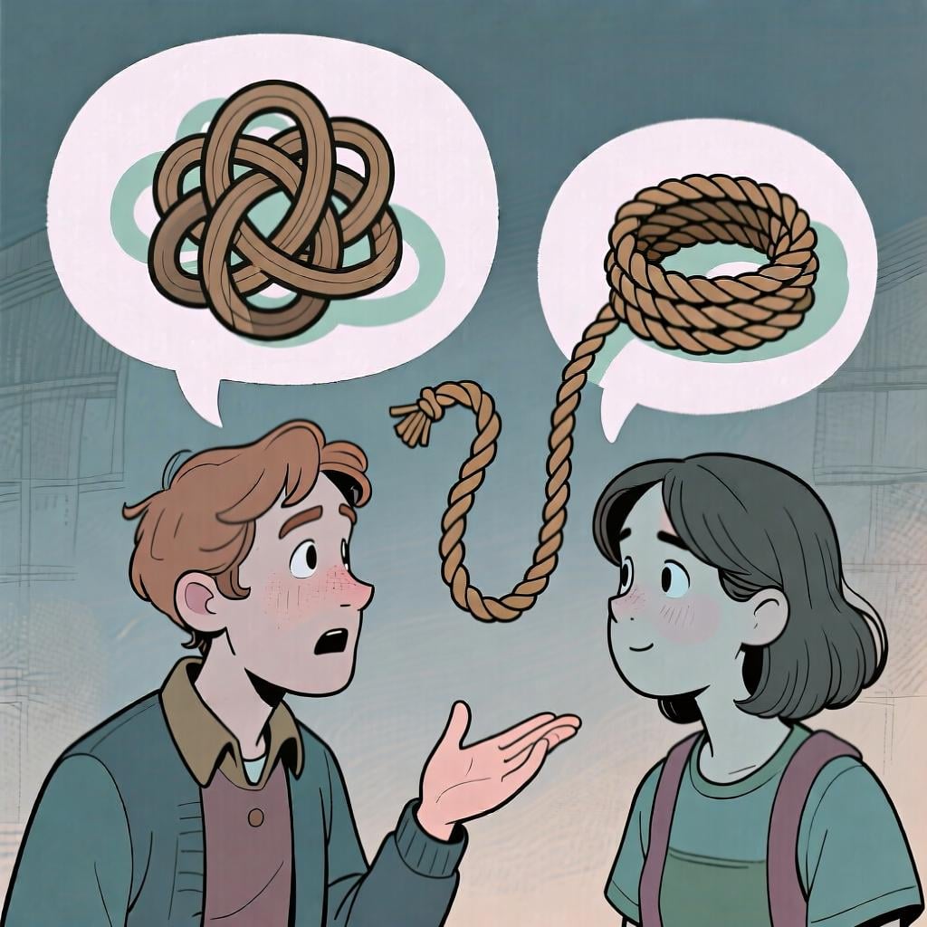 A tangled knot being transformed into a neat coil, representing how the phrase 'o sea' clarifies or rephrases something.