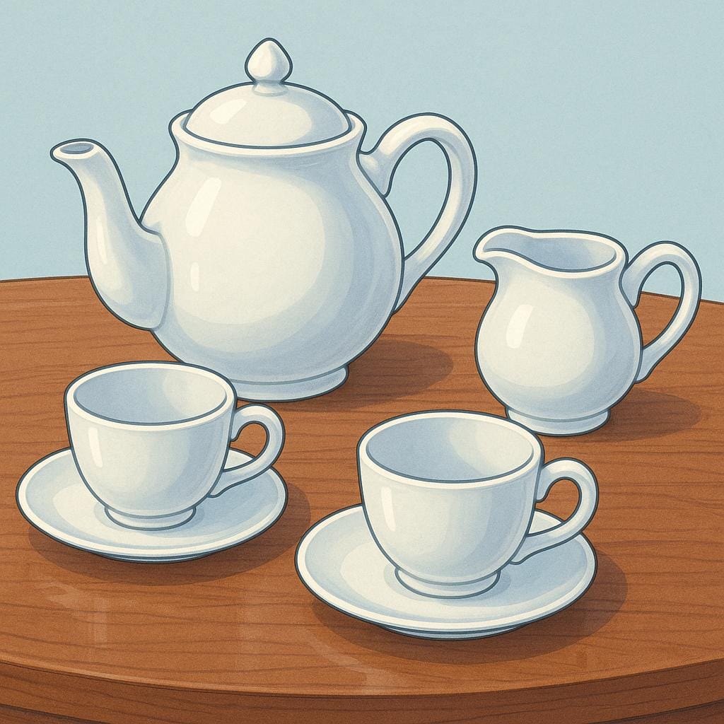 A complete, matching white porcelain tea service displayed neatly on a polished wooden table, including a teapot and two cups with saucers.