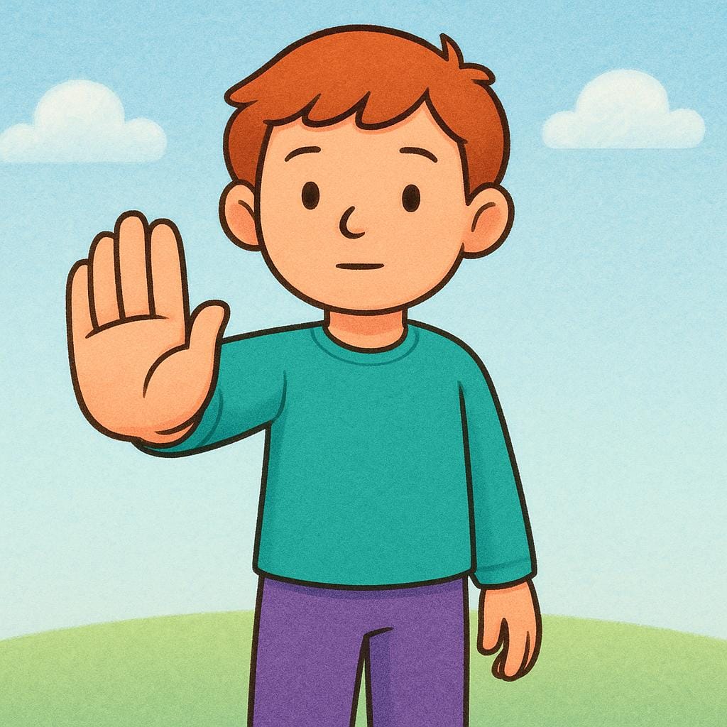 A cartoon character is standing completely still with one arm extended forward and the palm flat, signaling a stop or pause.
