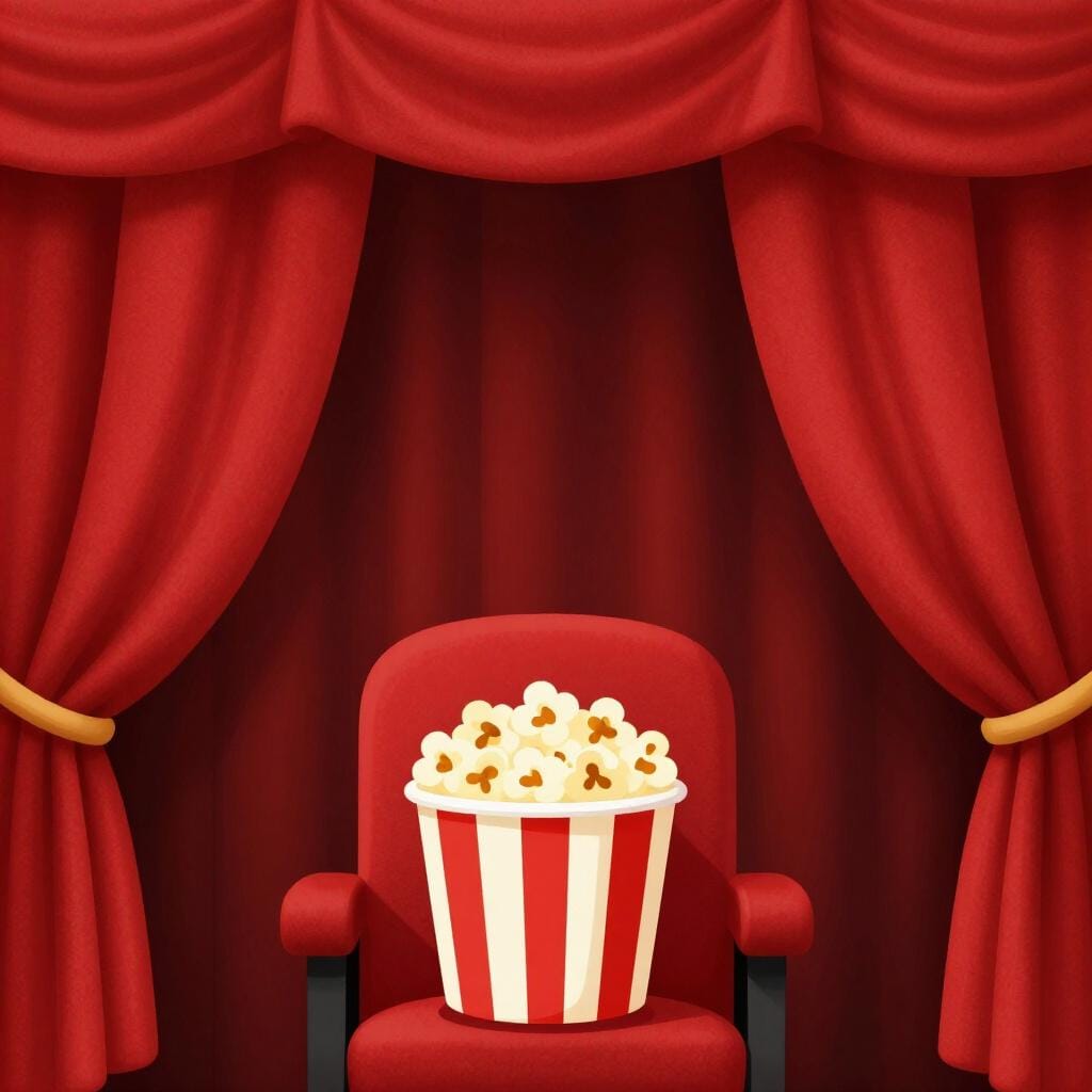 Closed red theater curtains with a bucket of popcorn sitting on a seat in the foreground.