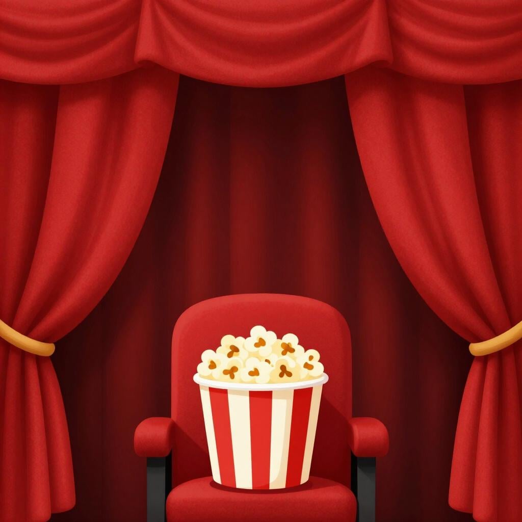 Closed red theater curtains with a bucket of popcorn sitting on a seat in the foreground.