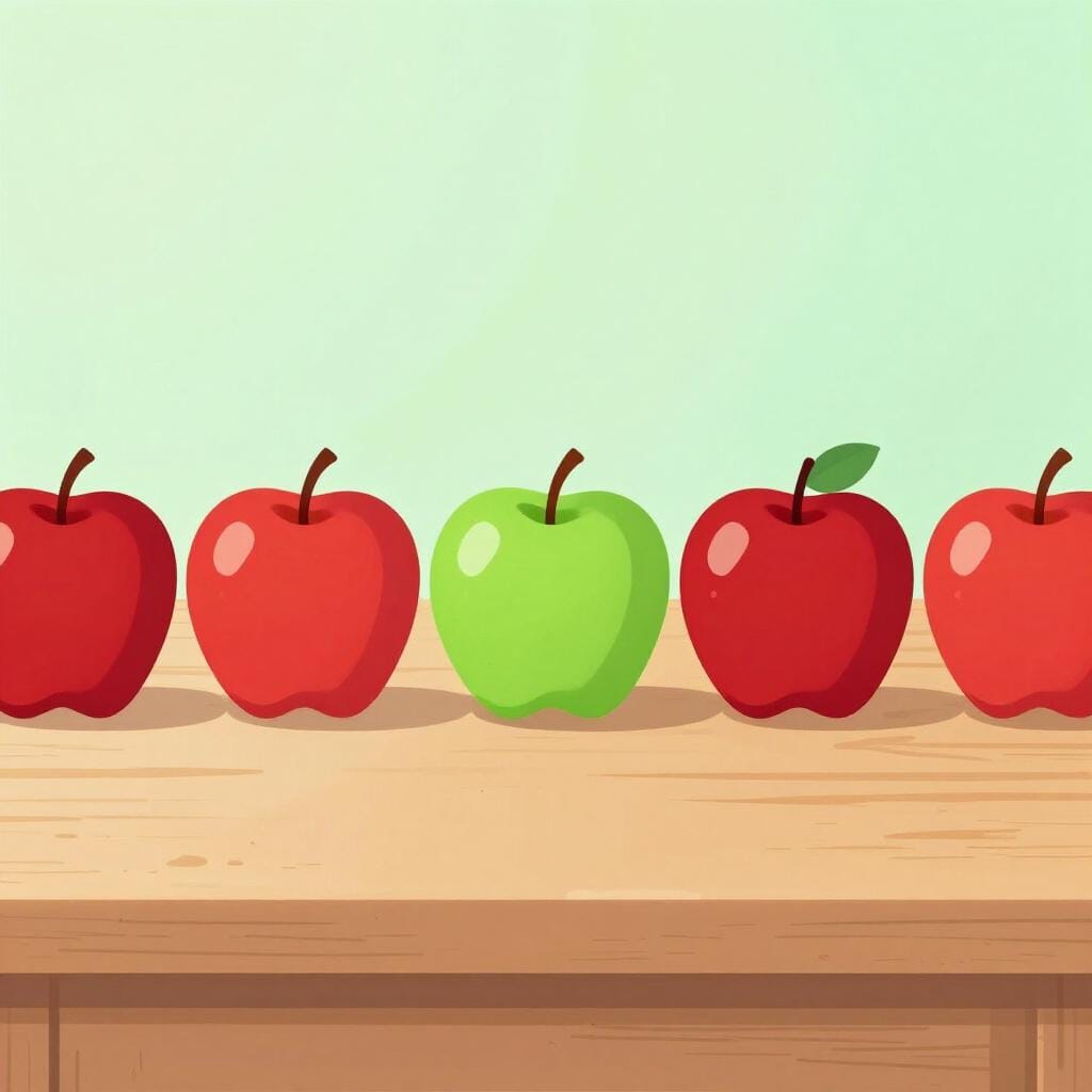 Uma fileira de várias maçãs vermelhas com uma maçã verde brilhante no meio.