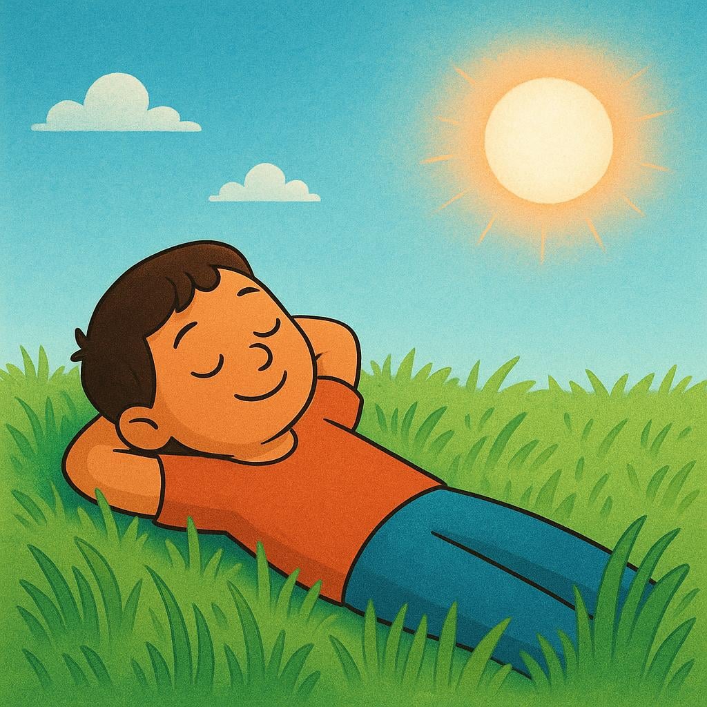 A simple storybook illustration of a person lying down in bright green grass, smiling peacefully under a warm, yellow sun, symbolizing contentment and health.