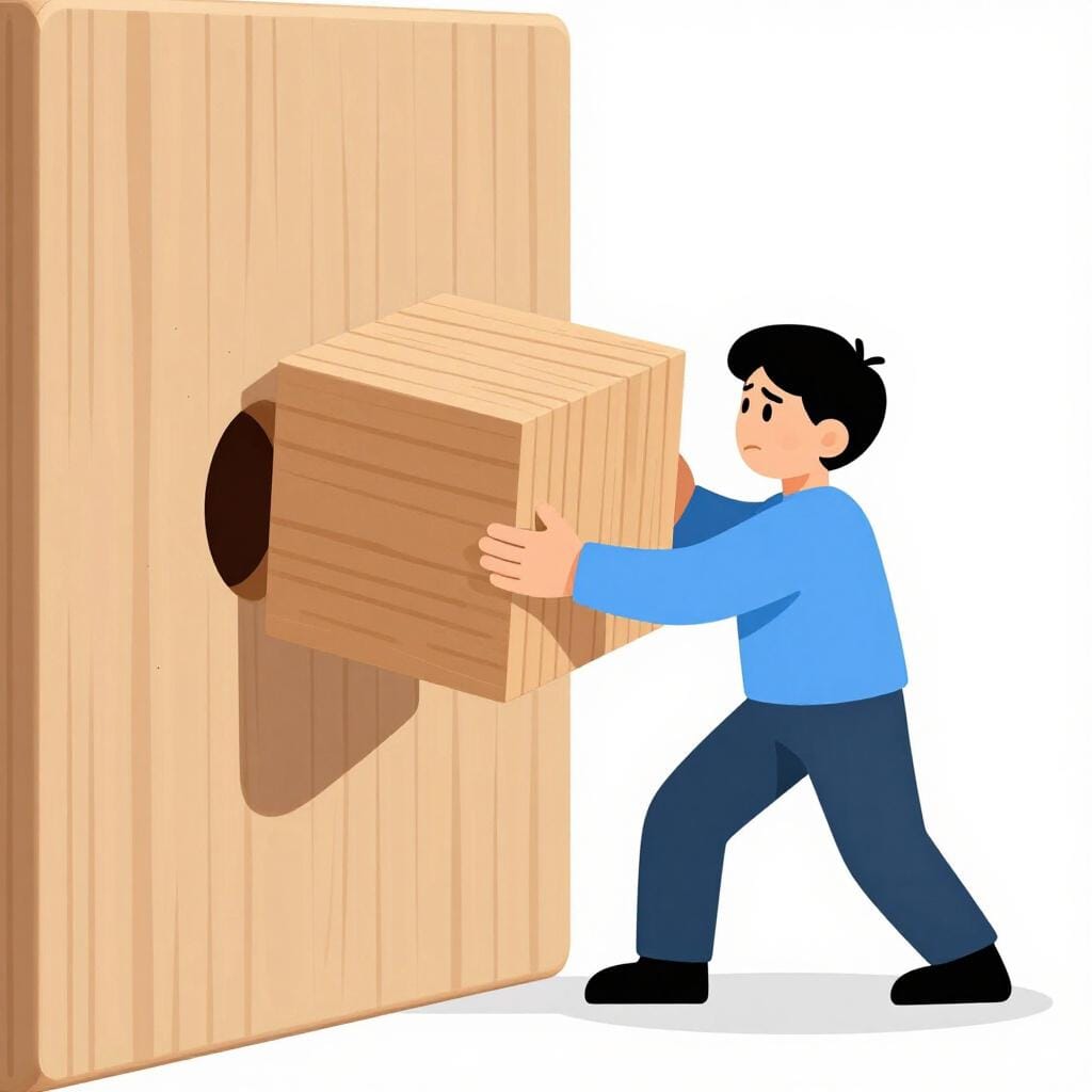 Une illustration colorée de livre d'histoires représentant une personne stupide essayant d'insérer un grand bloc carré dans un petit trou rond.