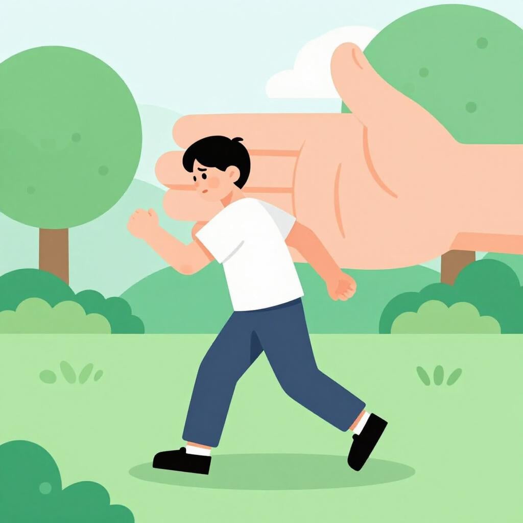 A person with a worried expression walking very fast while holding a stack of papers, as a hand points forward to urge them along.