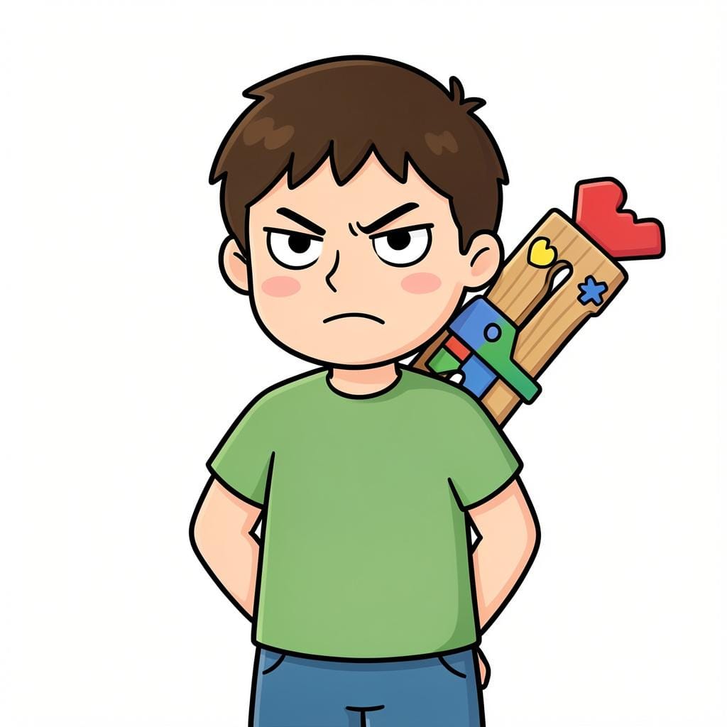 A small hand-drawn style illustration of a person hiding a child's toy behind their back with a mean smirk.