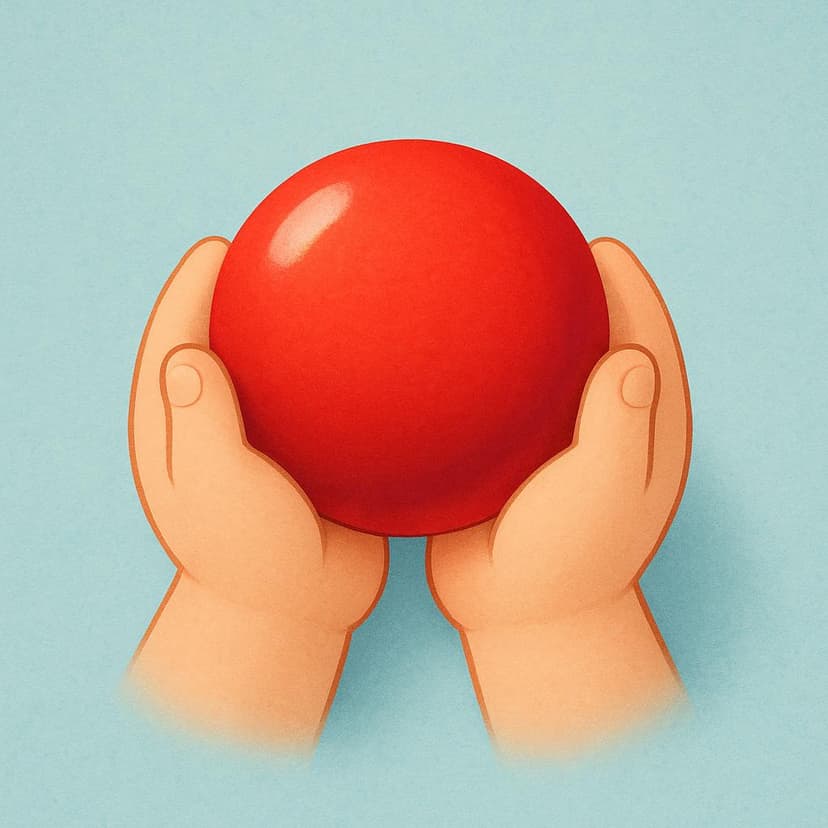 A close-up view of a small child's hands gently cupping and holding a brightly colored, simple red toy ball against a soft, simple background.