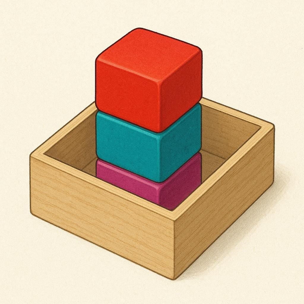 Three colorful square blocks, red, blue, and yellow, are stacked tightly inside a small wooden box, filling the space exactly to show that they fit.