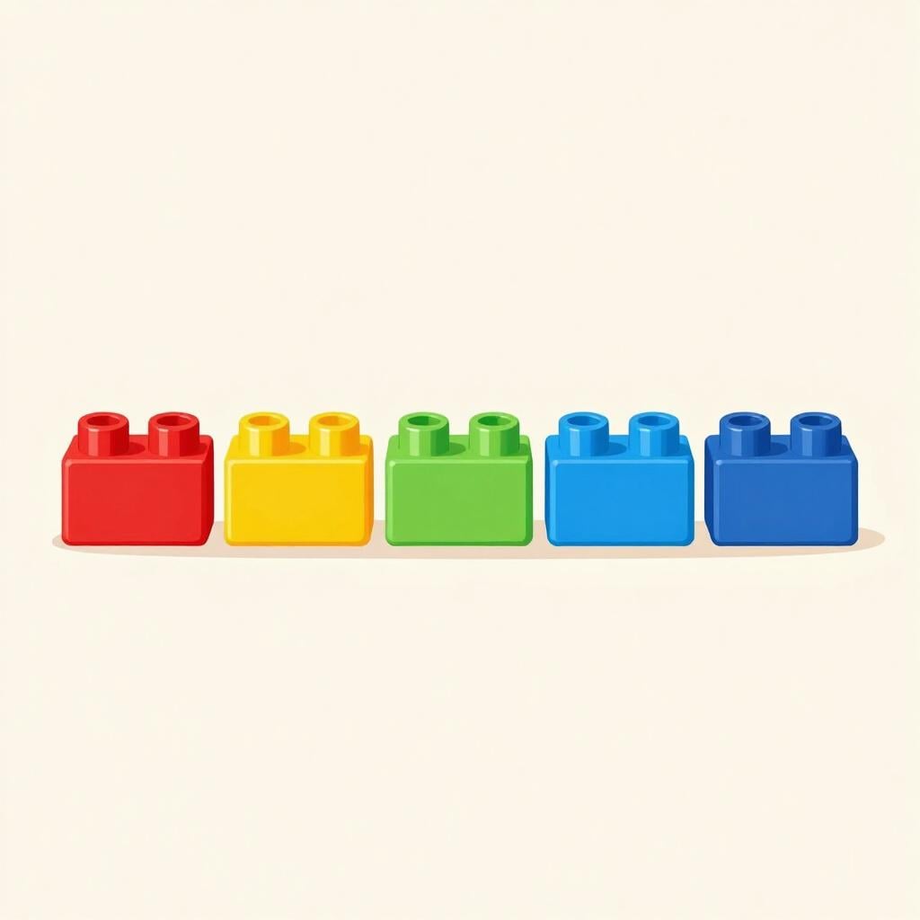 A row of colorful toy blocks perfectly aligned by color.