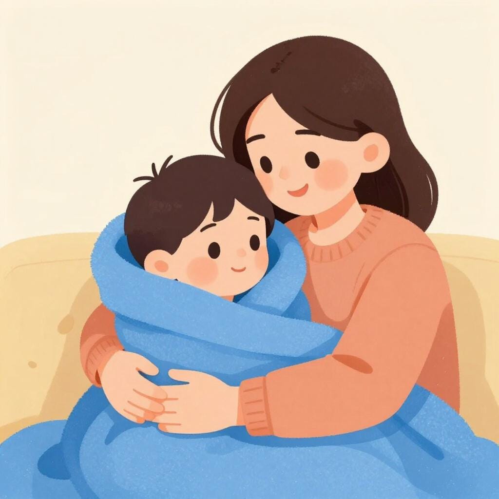 Un enfant enveloppé dans une couverture douce, serré chaleureusement par un parent.