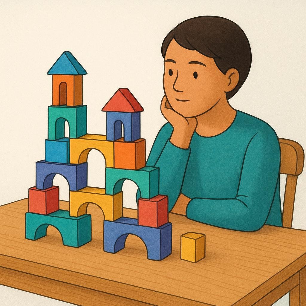 A person sitting at a wooden desk, looking thoughtfully at a collection of colorful wooden blocks that are neatly stacked into a complex, interconnected structure.