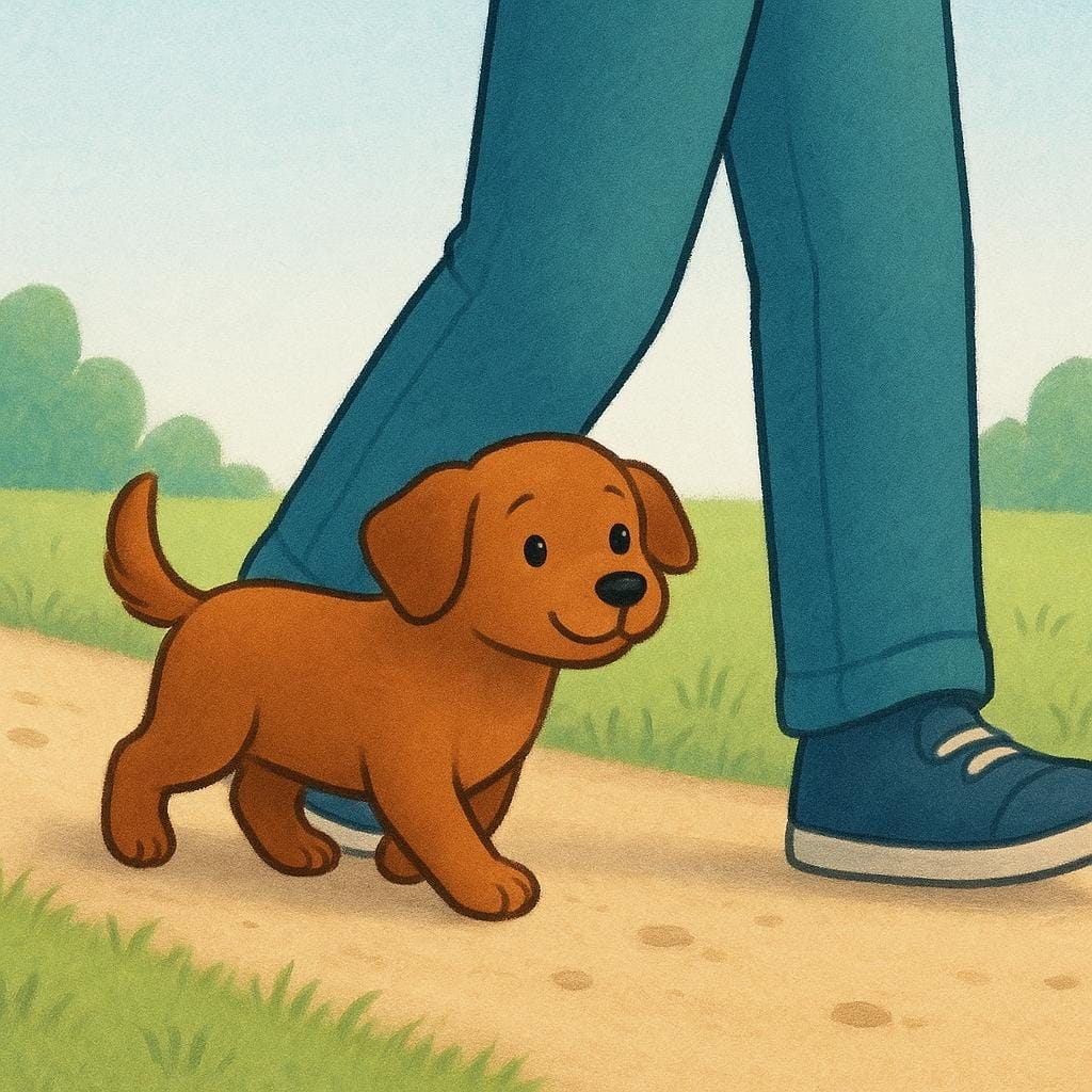 A small, friendly brown dog walks closely behind a person's legs on a winding dirt path, illustrating the act of physical tracking.