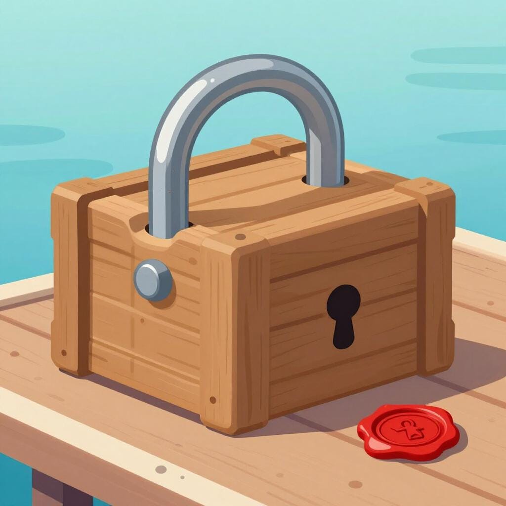 A wooden shipping crate with a heavy metal padlock and a large official stamp.