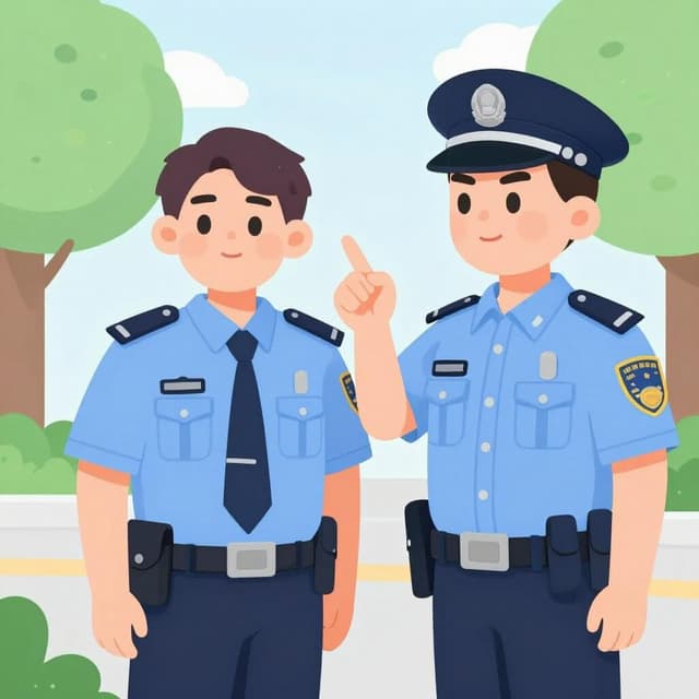 制服を着た警察官に話しかけ、遠くの物体を指差している人物。