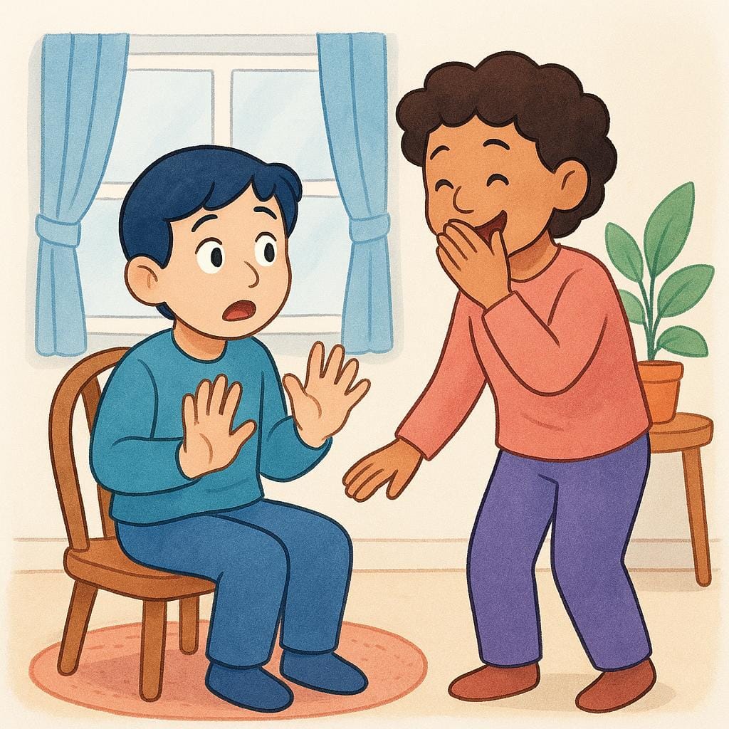 A colorful storybook illustration showing two cartoon characters, one covering their mouth trying not to laugh, and the other character smiling widely after having played a playful trick.