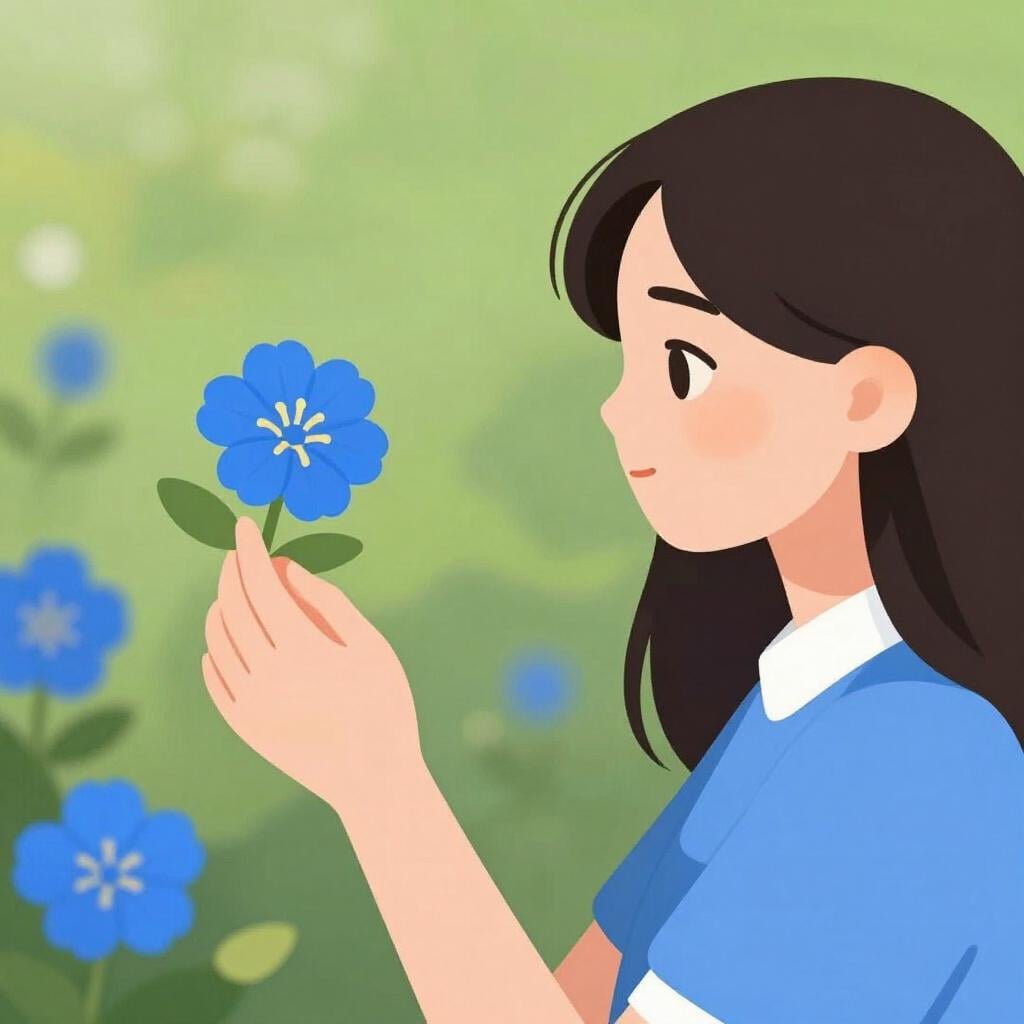 手に持った小さな明るい花をじっと見つめ、細部まで注意深く観察している人。