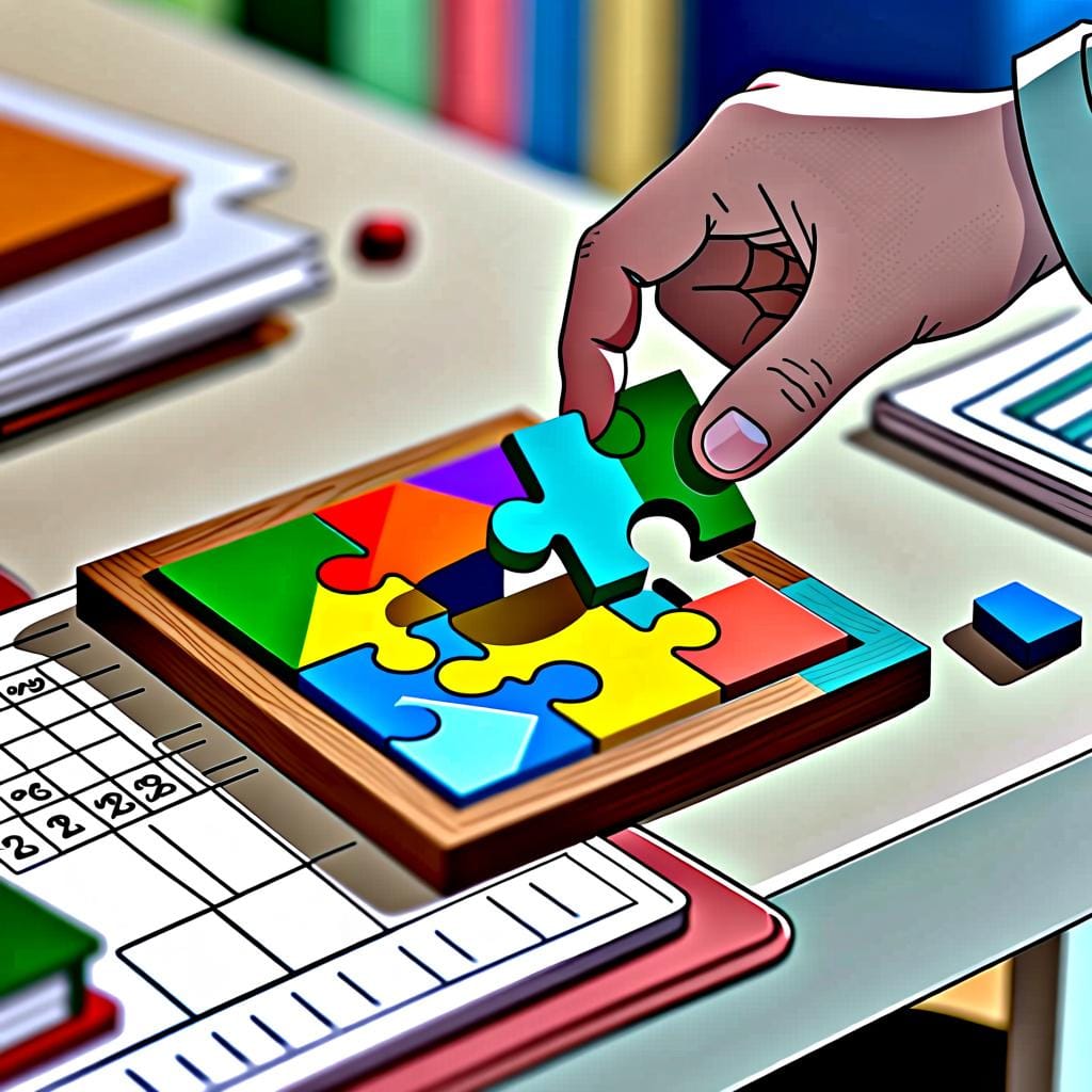 A child's hand successfully placing the final piece into a simple, colorful wooden block puzzle on a clean surface.