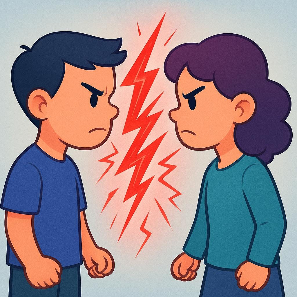 Two simplified figures standing close together, facing each other with tense expressions, separated by jagged, crackling red energy lines, symbolizing a tense atmosphere.
