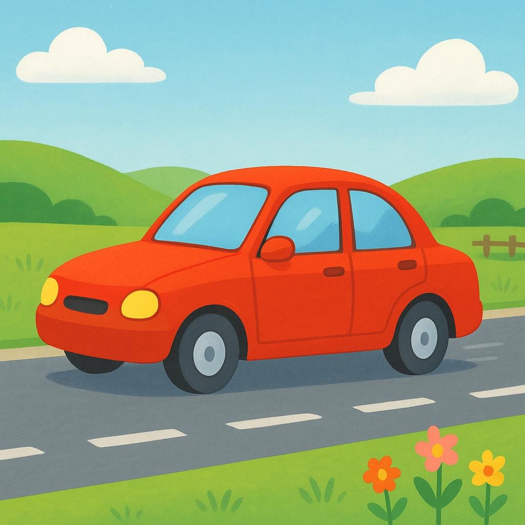 A bright red four-door sedan driving along a sunny, winding road in a countryside setting.