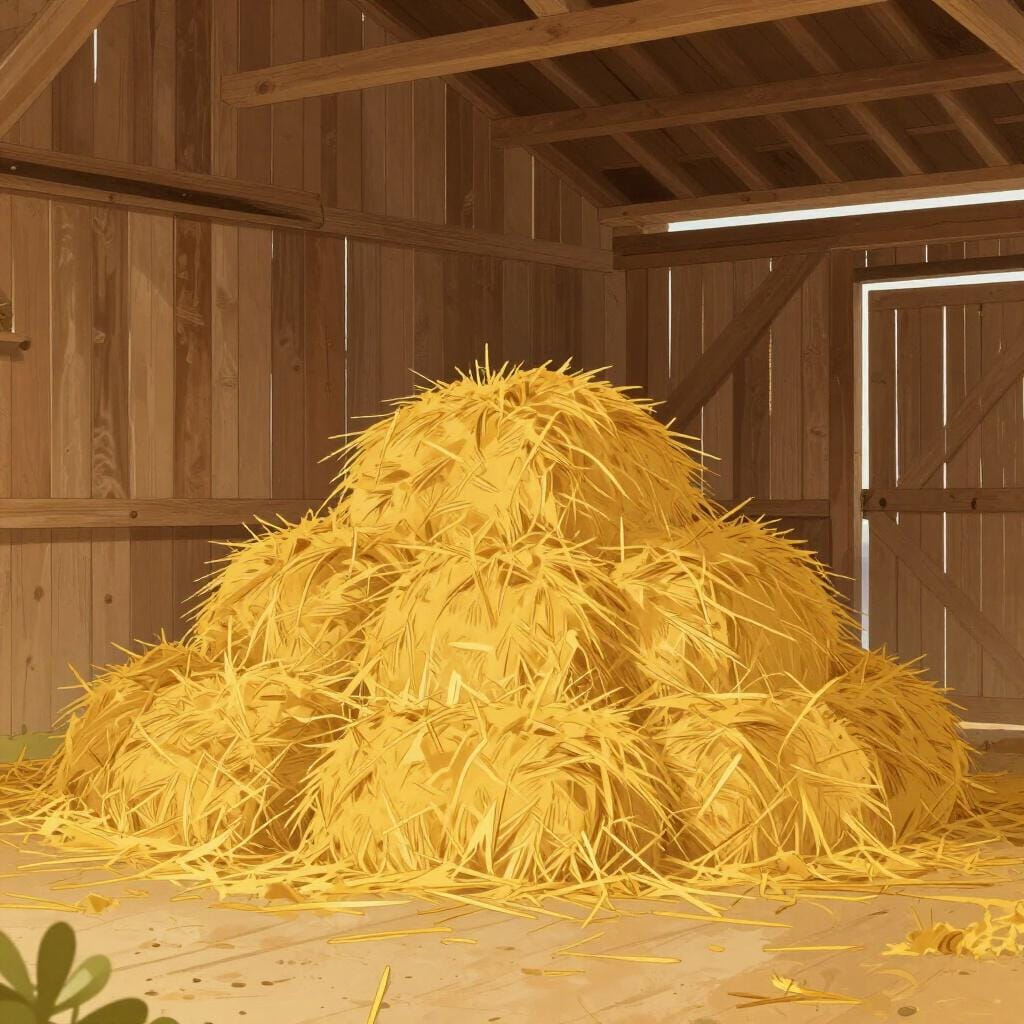 A neat pile of dried yellow hay sitting in a wooden barn.