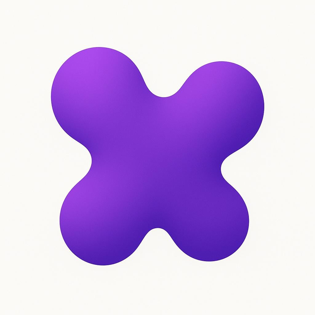 Two simple, brightly colored abstract shapes, a red circle and a blue square, are shown completely merging together into a single unified purple shape.