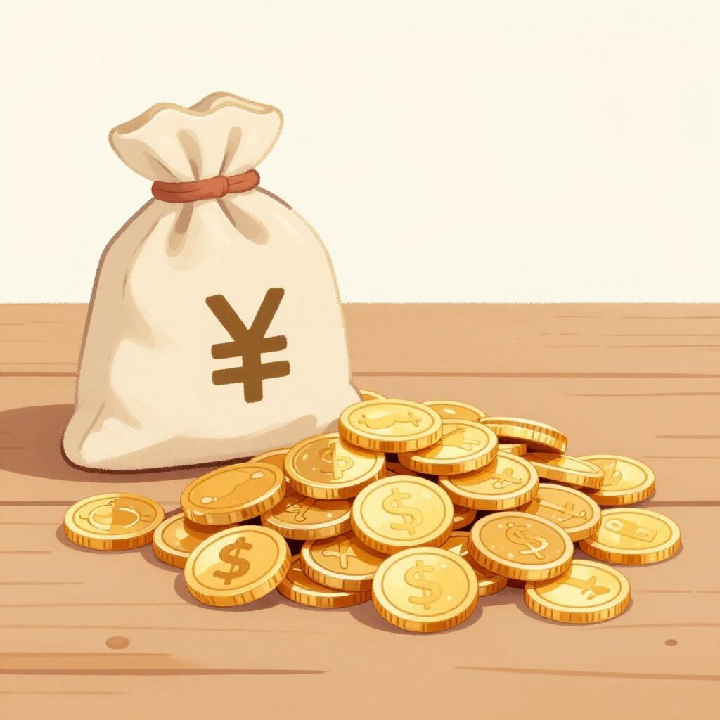 A large stack of gold coins and a tied bag of money sitting on a wooden table.