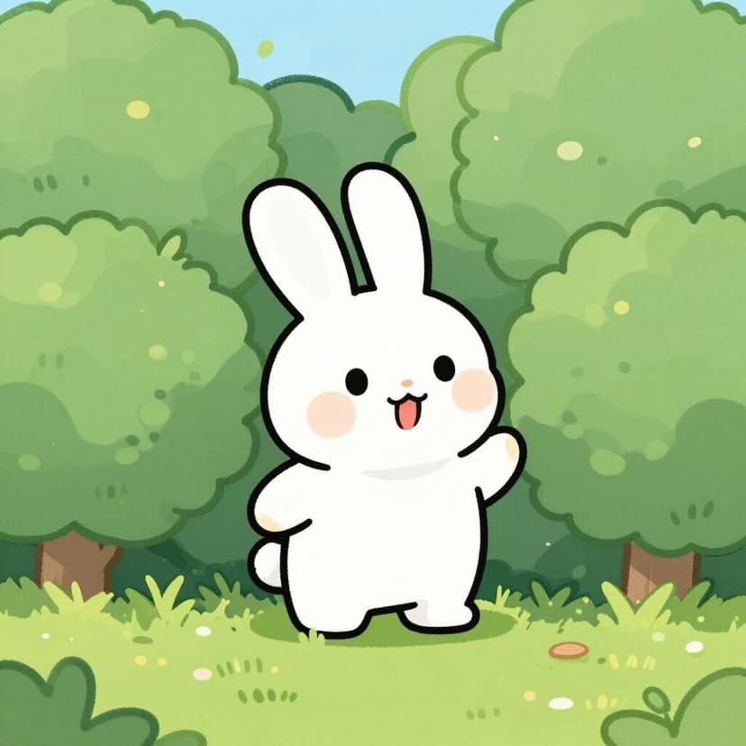 隠れていた小さなウサギが、背の高い緑の草むらから顔を出している様子。