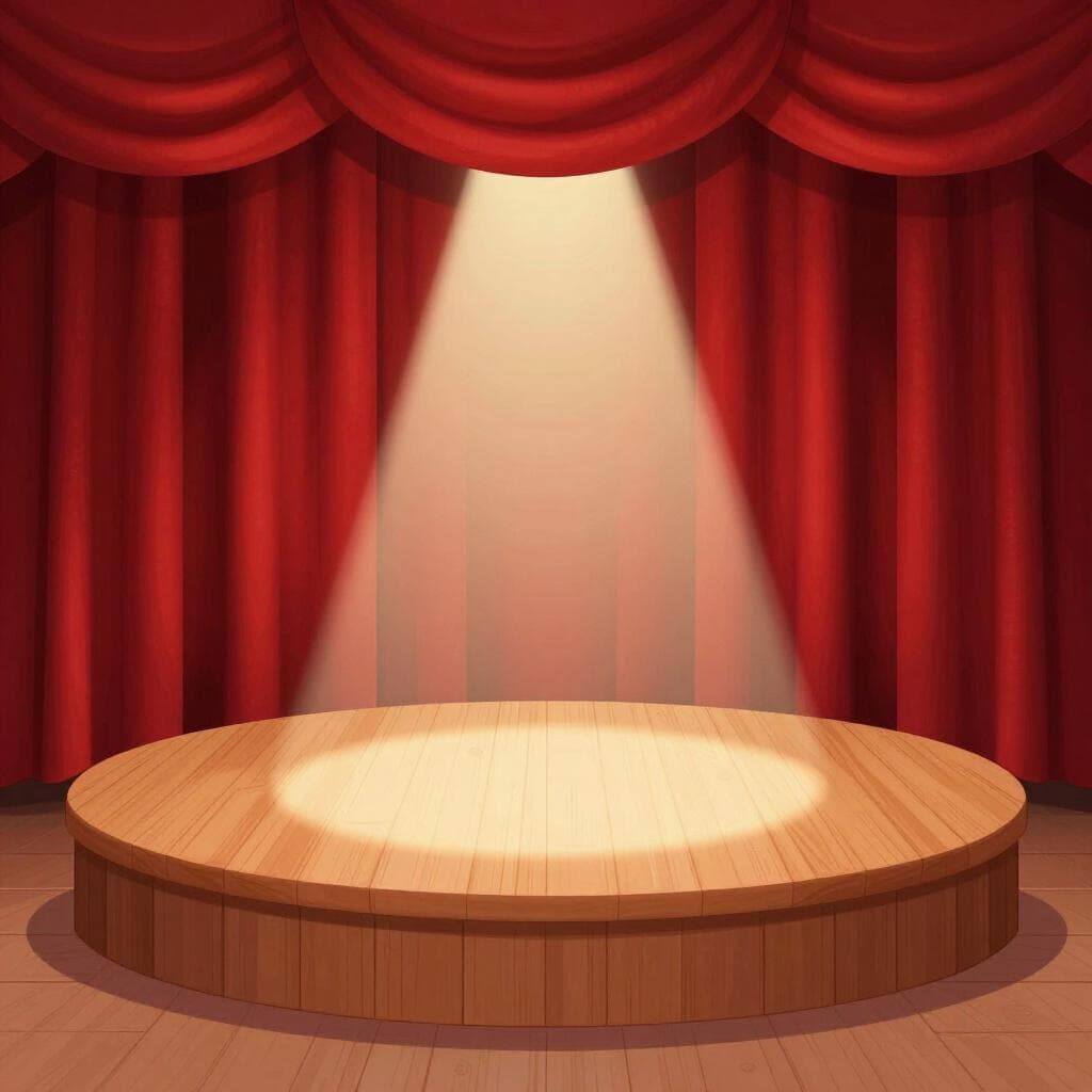 Eine kleine kreisförmige Bühne mit einem roten Vorhang im Hintergrund und einem klassischen Scheinwerfer.