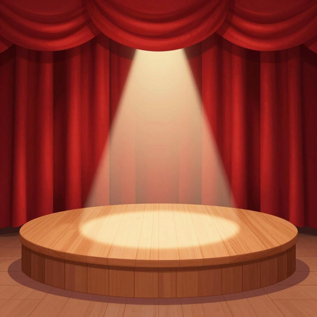 Eine kleine kreisförmige Bühne mit einem roten Vorhang im Hintergrund und einem klassischen Scheinwerfer.
