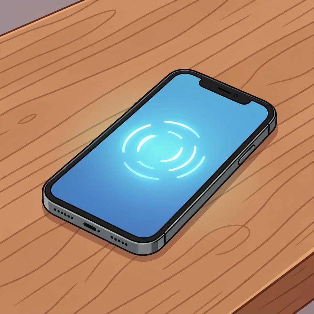 A high-quality storybook illustration of a ringing smartphone sitting alone on a wooden table.