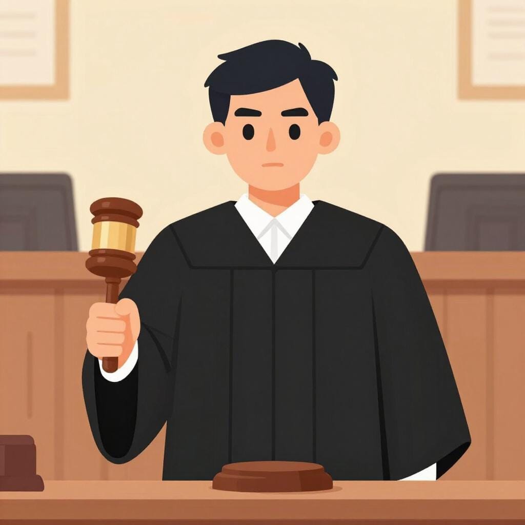 黒いローブを着て木槌を持っている裁判官。