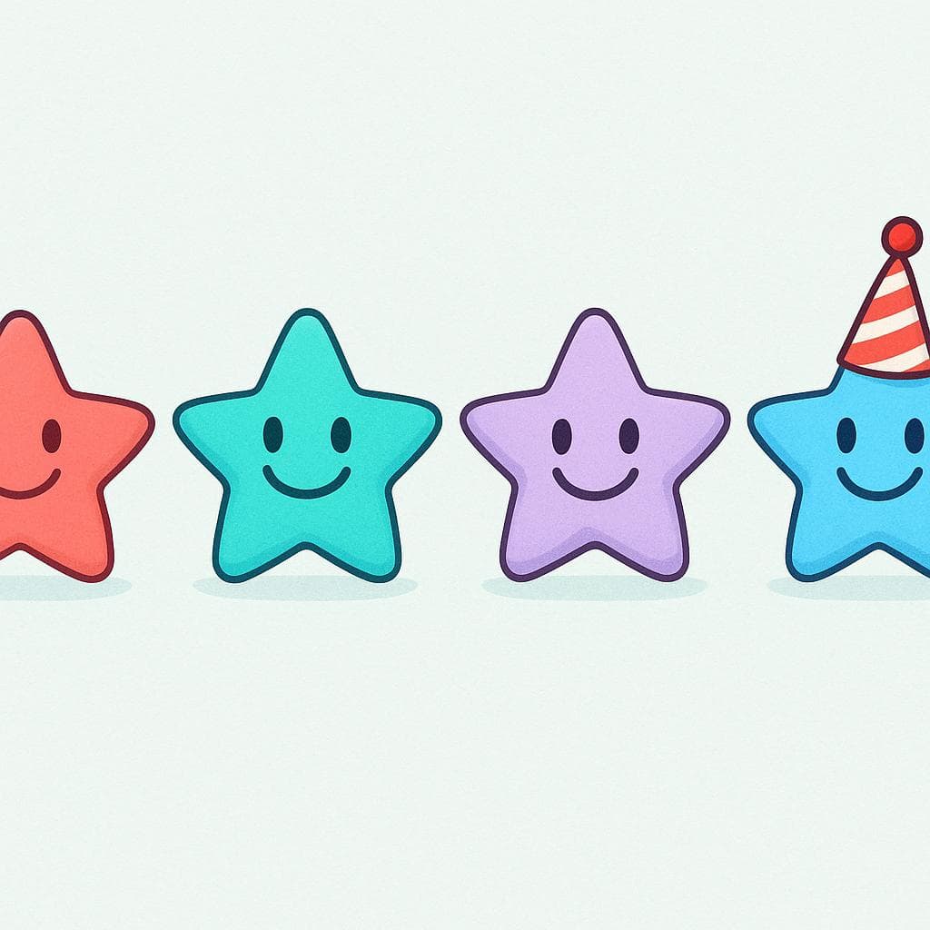 Uma fileira de quatro estrelas de desenho animado simples e alegres em pé em linha. A quarta estrela é distinguida por usar um pequeno chapéu de festa.