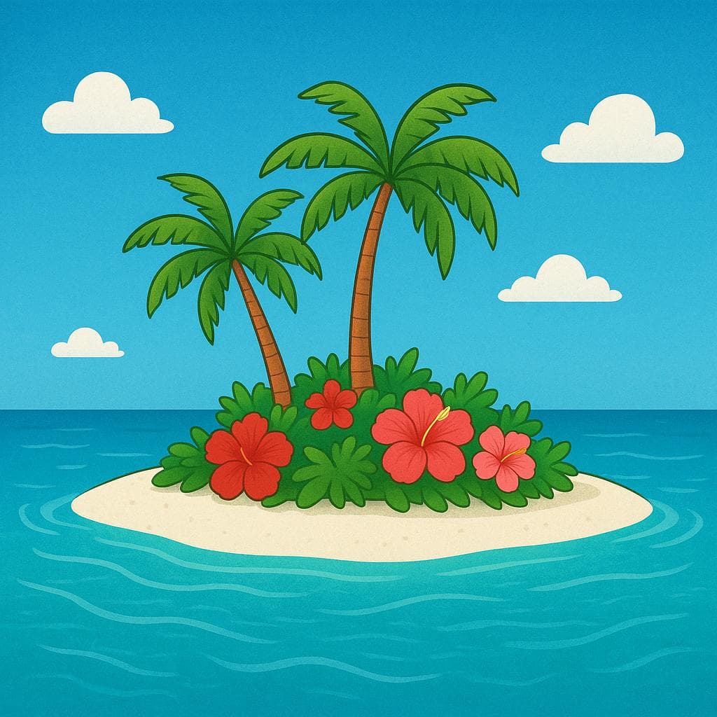 A secluded, lush tropical beach with white sand, turquoise water, and colorful blooming flowers under a bright sun, illustrating an ideal place.