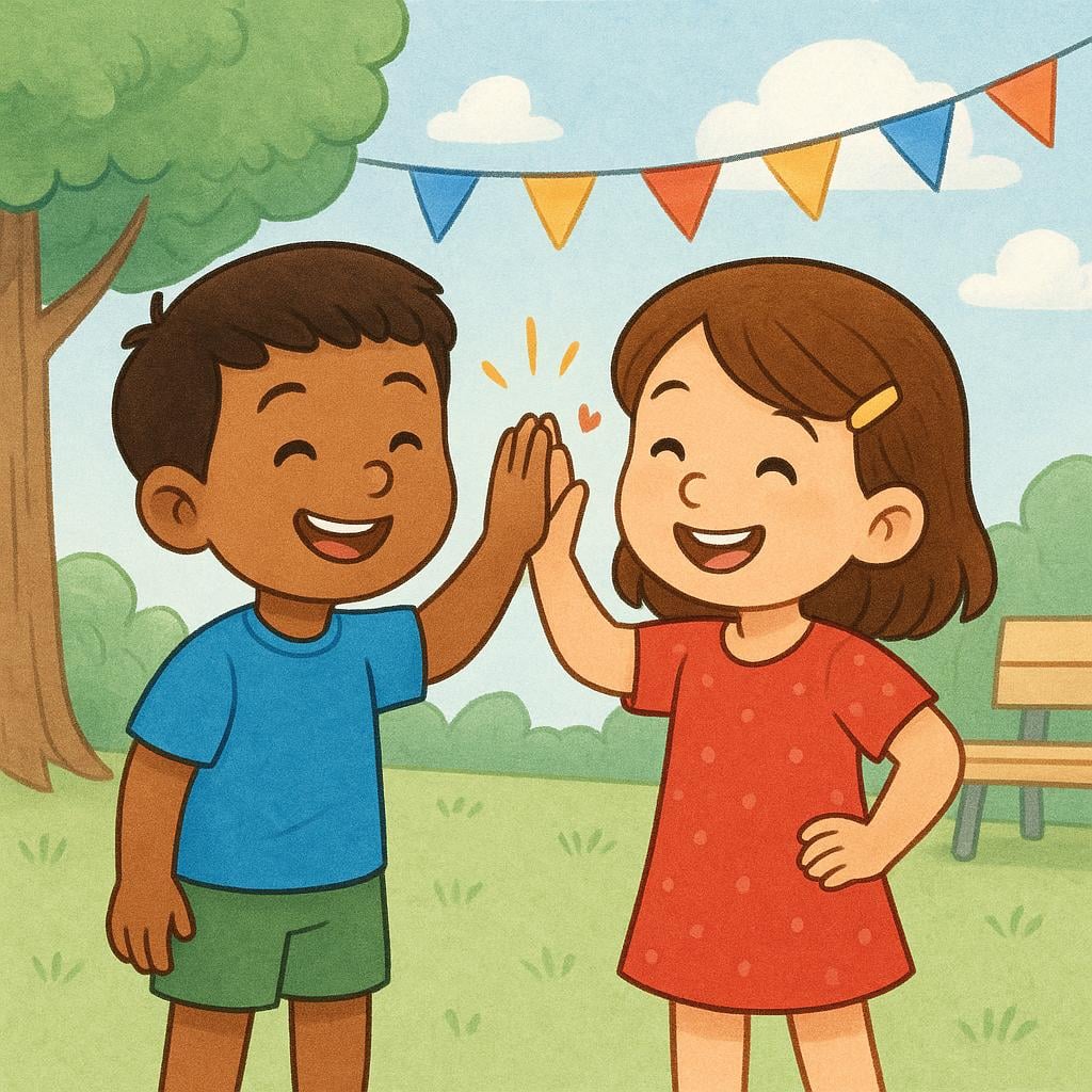 Two friendly cartoon characters, a boy and a girl, smiling and giving each other a high-five, signifying that their disagreement is resolved.